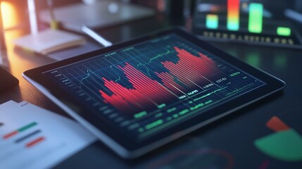 Tablet displaying financial charts and graphs on a desk.