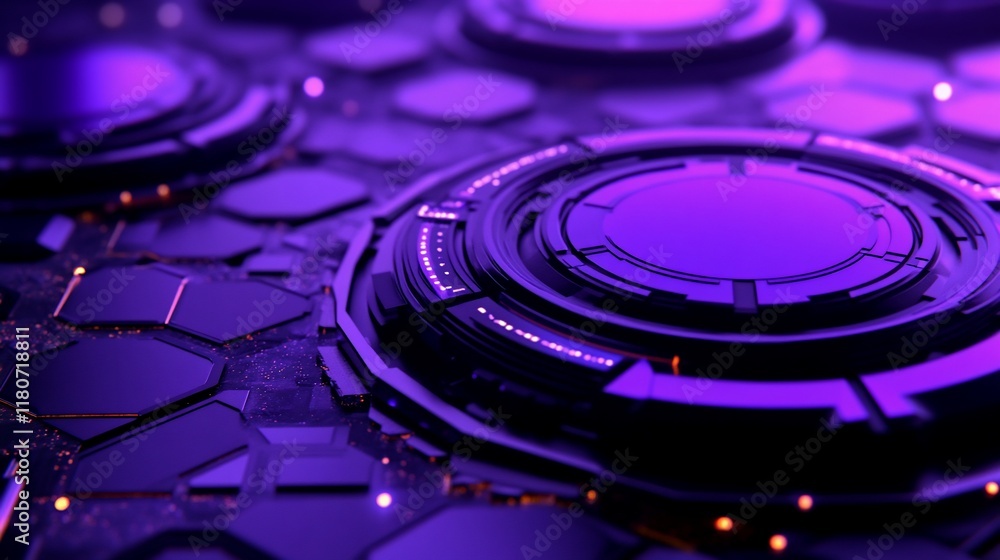 Poster abstract purple and black tech background with glowing hexagonal patterns and circular elements.