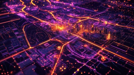 Obraz premium Futuristic city at night, glowing roads and buildings.