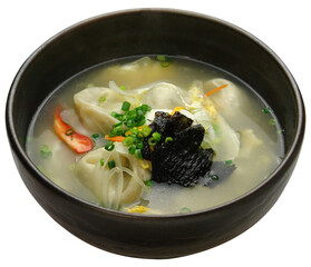 Korean Dumpling and Rice Cake Soup in Black Bowl