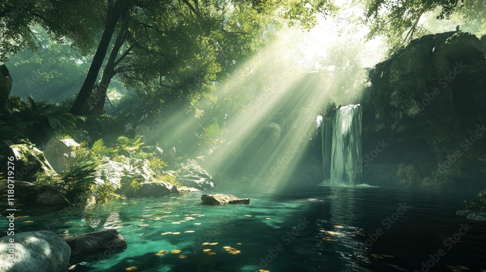 Poster sunbeams illuminate a serene waterfall cascading into a lush forest pool.
