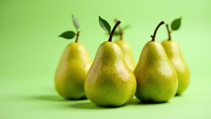 A group of four ripe pears with fresh leaves, symbolizing health and natural simplicity, suitable for food blogs, wellness promotions, and educational materials,