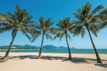Obraz premium Tropical beach scene featuring swaying palm trees with ocean view and blue sky on sunny day, capturing serene atmosphere of coastal paradise environment