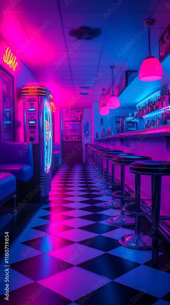 Wall mural Retro diner neon lights, bar stools, checkerboard floor; nightlife ambiance