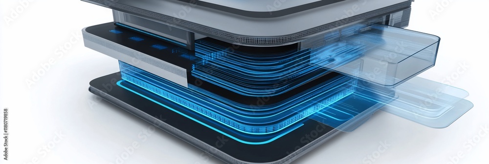 Poster cross-section of layered technology device with internal components and blue energy flow.