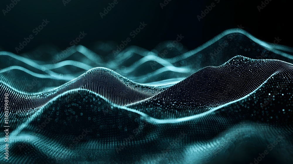 Poster abstract digital showcasing a futuristic glowing matrix of interconnected dots and waves of light cr