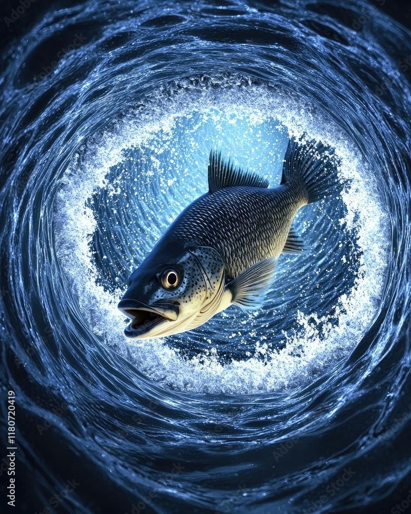 Poster a fish swimming through a dynamic blue vortex of water, creating splashes around it.