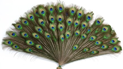 Fototapeta premium A vibrant display of peacock feathers arranged in a fan shape, showcasing their beauty.