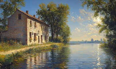 Obraz premium Stone house, riverside, trees, sunny day, tranquil scene.
