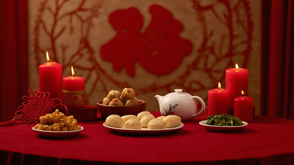 traditional reunion dinner setup featuring various dishes, tea, and candles, creating warm and festive atmosphere. red decor symbolizes good fortune and celebration