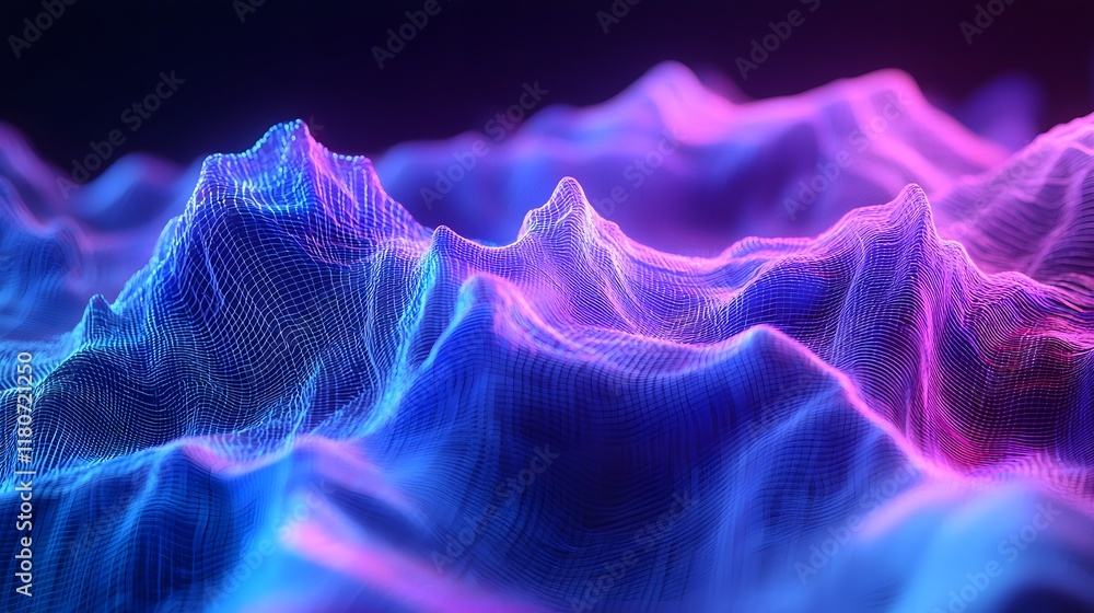 Poster mesmerizing digital wave patterns in a gradient of vibrant blue and violet hues creating a futuristi