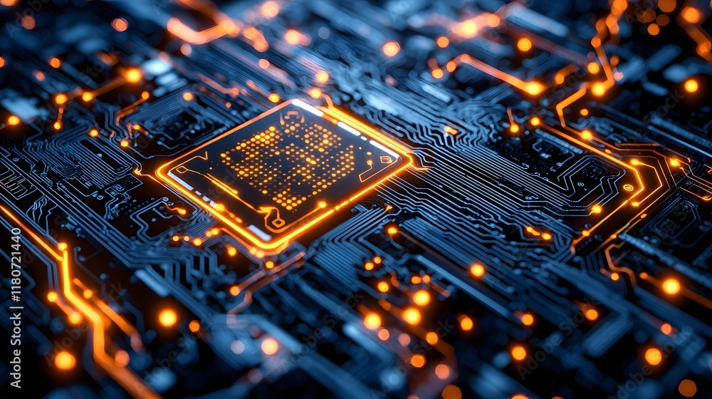 Poster glowing cybernetic patterns with neon accents on abstract circuit board background futuristic digita