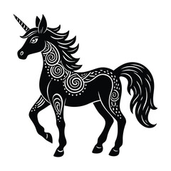 

A majestic unicorn in zentangle style, adorned with intricate, flowing patterns of swirls, geometric shapes, and floral motifs, creating a mesmerizing, artistic design.