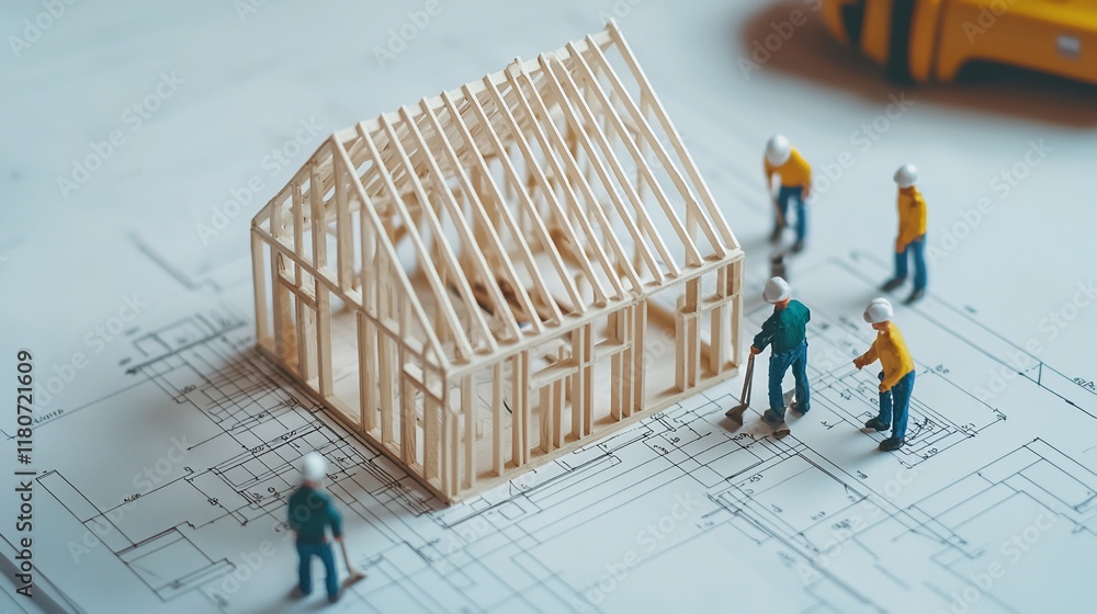 Poster Miniature workers constructing a house frame on blueprints.