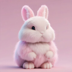 A cluster of 3D rabbits with pastel-colored fur sitting together on a plain pink background, ultra-detailed fur.