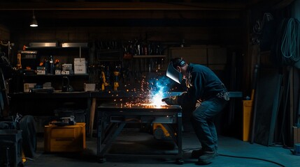 Welder at work in a dark workshop, sparks flying.