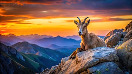 Mountain Goat Resting on Rocks at Dusk - Majestic Wildlife in Natural Habitat, Low Light Photography, Serene Mountain Landscape, Nature's Beauty, Wildlife Conservation