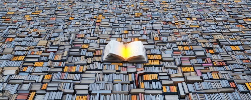 Poster an open book surrounded by a vast array of stacked books, symbolizing knowledge and learning.