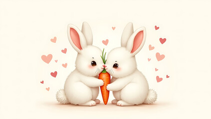 Obraz premium A pair of fluffy bunnies sharing a single carrot, surrounded by tiny heart icons.