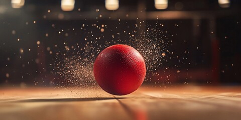 Fototapeta premium Red ball rolling on wooden floor with dust trail.