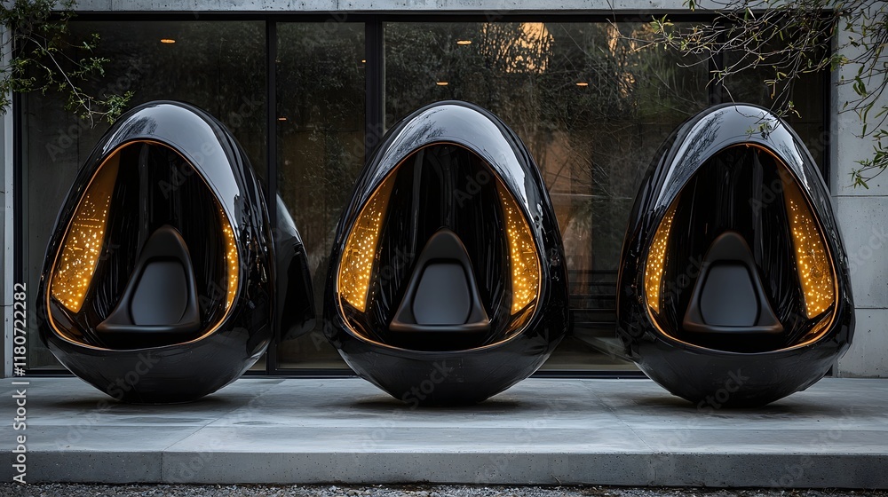 Poster sleek futuristic looking egg shaped pods with a dark metallic finish resembling advanced spacecraft 