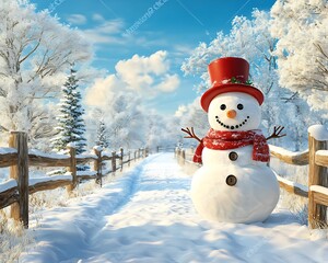 Obraz premium Panoramic view of happy snowman in winter, Joyful Snowman Surrounded by a Picturesque Winter Landscape with Snow-Covered Trees and a Bright Blue Sky, Perfect for Seasonal Celebrations 