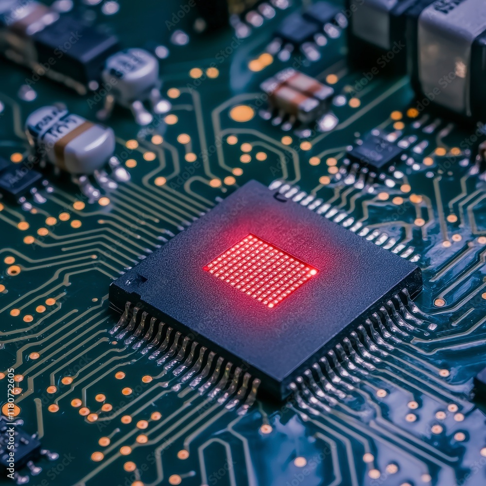 Poster glowing red microchip on circuit board high tech technology close up