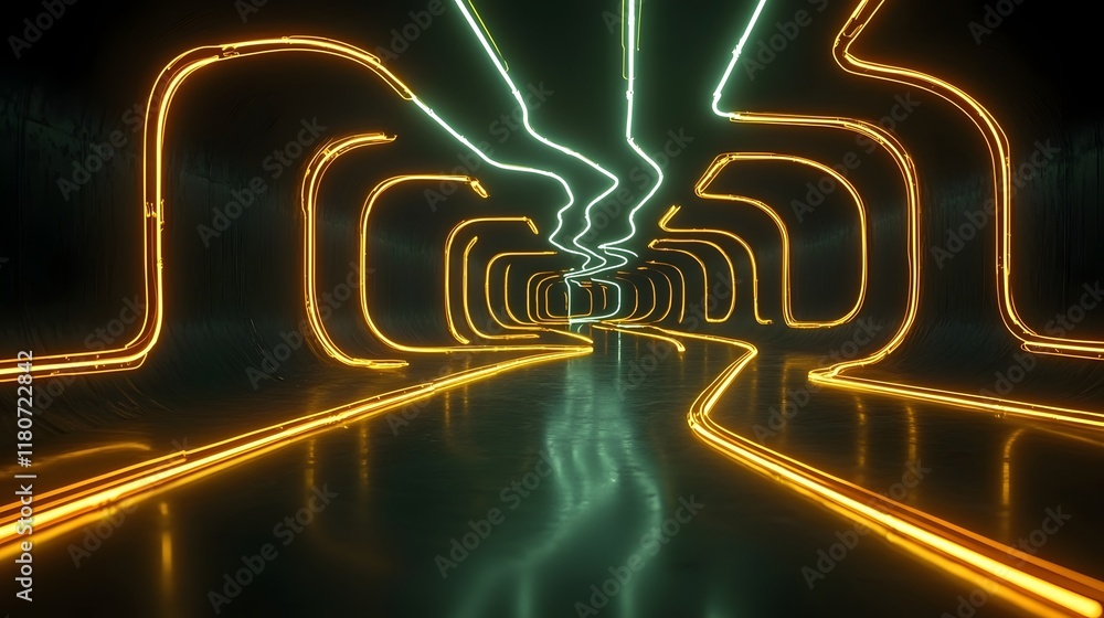 Poster captivating abstract image of glowing neon circuits flowing and disappearing into an infinite vanish