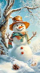 Obraz premium Panoramic view of happy snowman in winter, Joyful Snowman amidst Winter Wonderland with a Panoramic View of Snowy Landscape and Bright Blue Sky Creating a Perfect Holiday Scene