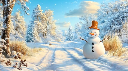 Obraz premium Panoramic view of happy snowman in winter, A Joyful Snowman Stands Amidst a Beautiful Panoramic Winter Landscape with Snow-Covered Trees and a Bright Blue Sky