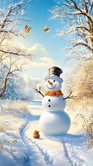 Obraz premium Panoramic view of happy snowman in winter, Happy Snowman in a Serene Winter Landscape Surrounded by Snowy Trees and Gentle Butterflies Capturing the Essence of Winter Joy
