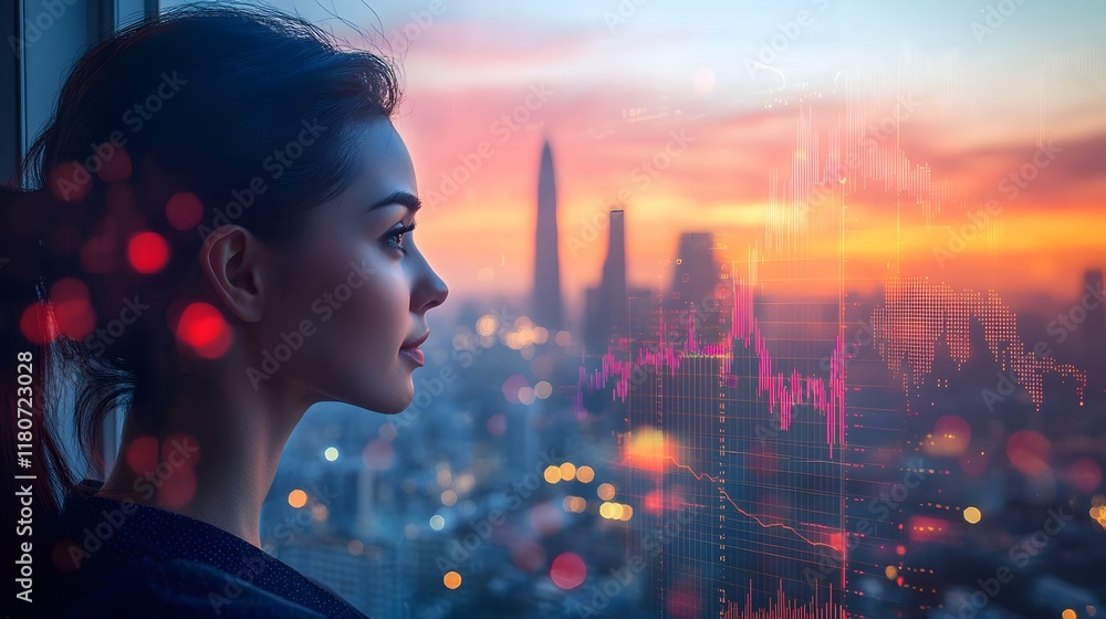 Aufkleber businessperson or entrepreneur gazing out window with a view of a cityscape skyline and an optimisti