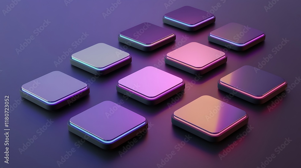 Poster neon lit square platforms arranged in a grid pattern
