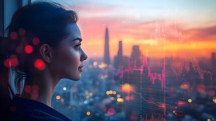 Businessperson or entrepreneur gazing out window with a view of a cityscape skyline and an optimistic graph or financial market data in the background representing concepts of business investment