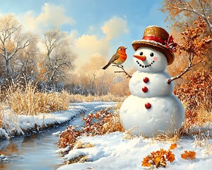 Fototapeta premium Panoramic view of happy snowman in winter, Charming Panoramic View of a Joyful Snowman Surrounded by Winter Wonderland with Snow-Covered Landscape and Warm Colors
