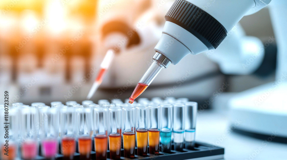 Poster a laboratory scene featuring colorful test tubes being filled with liquid using a pipette, highlight