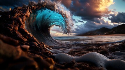 Majestic Ocean Wave at Sunset: A Breathtaking Coastal Scene