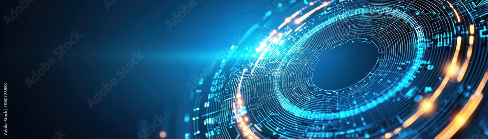 Poster a futuristic digital design featuring swirling patterns of blue light and glowing circuitry, evoking
