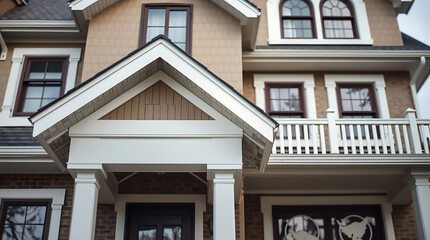 Close-up view of a tan-brick house with white trim.  The image focuses on the front entrance and second story, showing multiple windows, a balcony, and prominent architectural details.