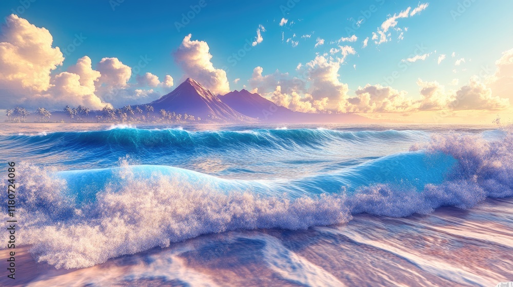 Poster a serene beach scene with waves crashing and a mountain backdrop under a colorful sky.