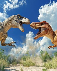 Two dinosaurs face off in a dramatic prehistoric landscape under a blue sky with clouds.