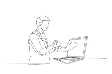 Businessmen handshaking with notebook in continuous one line drawing. Simple line art illustration of online business agreement concept. Editable vector.