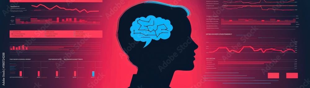 Poster a silhouette of a person with a blue brain, set against a backdrop of data graphs and charts, symbol