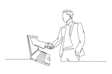Businessmen handshaking with notebook in continuous one line drawing. Simple line art illustration of online business agreement concept. Editable vector.