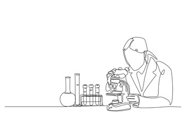 Female scientist working using microscope in continuous one line drawing. Single line art illustration of scientist and laboratory equipment Set. Editable vector.
