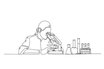 Female scientist working using microscope in continuous one line drawing. Single line art illustration of scientist and laboratory equipment Set. Editable vector.
