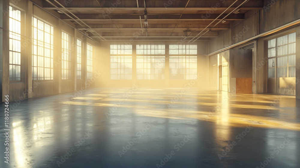 Wall mural Sunlit industrial warehouse interior, empty space, morning light