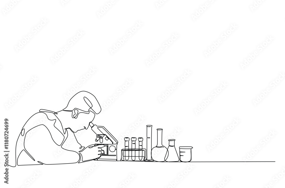 Poster female scientist working using microscope in continuous one line drawing. single line art illustrati