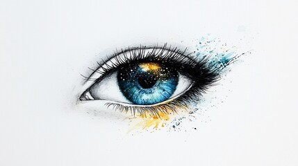 Cosmic Eye Detailed watercolor and pencil drawing of a blue eye with a universe inside, splashes of color.
