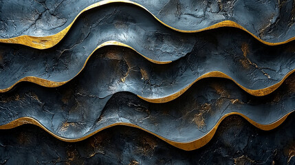Obraz premium Abstract dark blue textured waves with gold lines.